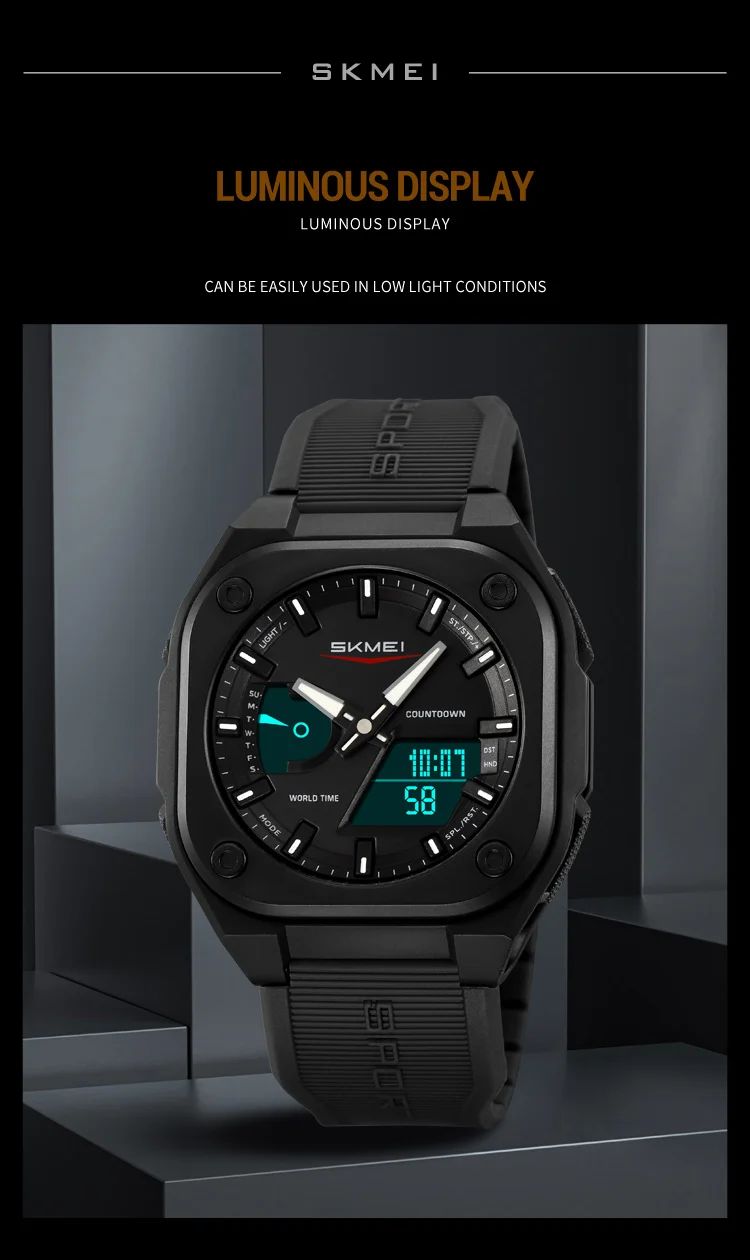 SKMEI Original Men's World Timer Watch – Premium Analog-Digital Sports Chronograph with Heavy-Duty Silicone Strap - Black