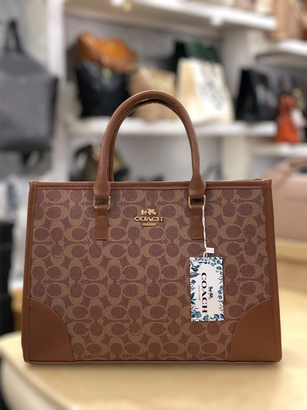 Coach Signature Print Tote Bag for Women with Double Top Handles and Spacious Everyday Carry Design - Beige