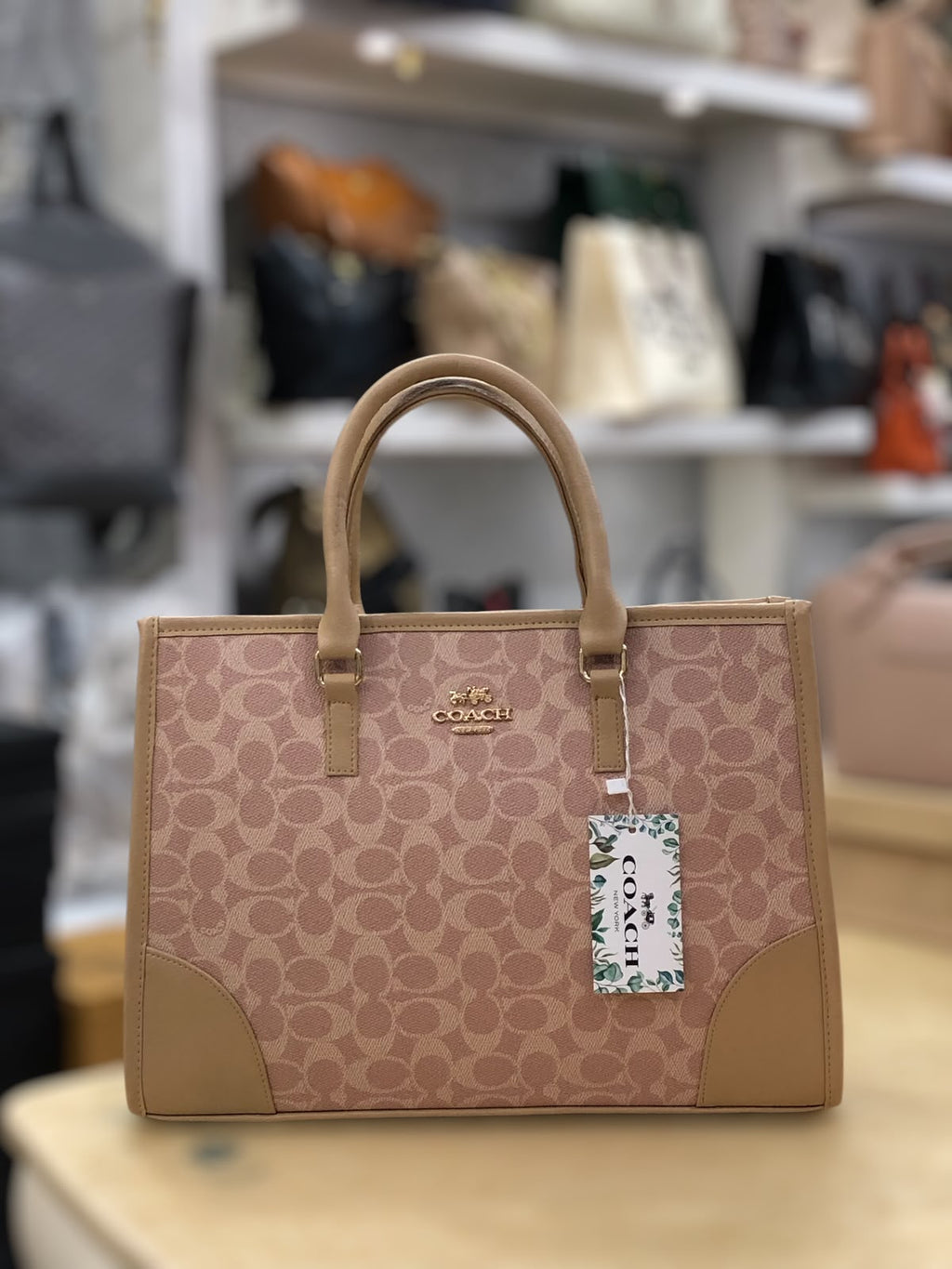 Coach Signature Print Tote Bag for Women with Double Top Handles and Spacious Everyday Carry Design - Beige