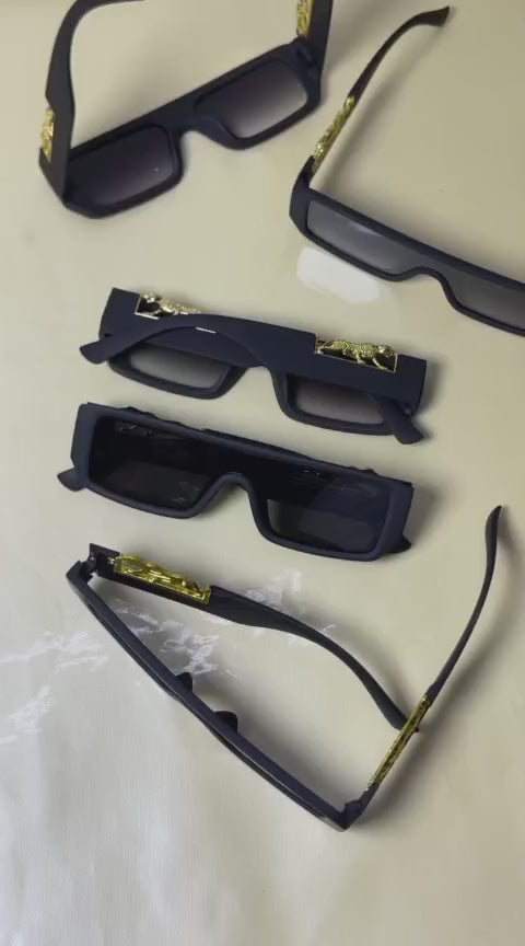 Leopard Logo Unisex Full-Rim Rectangular UV400 Sunglasses | Black Tint Lightweight Frame | Casual Street Style Eyewear